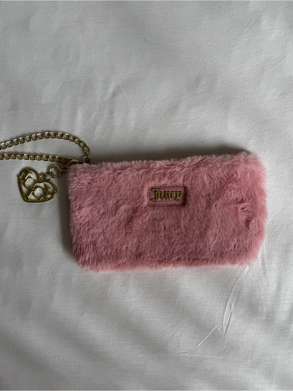 Juicy Couture Blush Pink Faux Fur Wristlet with Gold Heart Charm